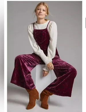Anthropologie Velvet overalls wide leg S Anthropologie with paisley print thumbnail 1