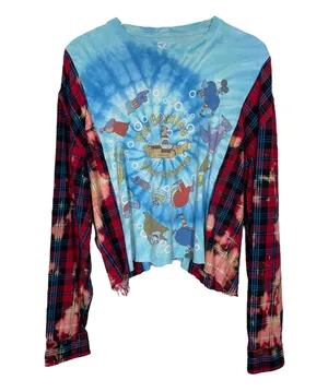 Custom Rework Beatles Bleached Plaid Flannel Sleeve Top M/L Oversized Cropped thumbnail 1