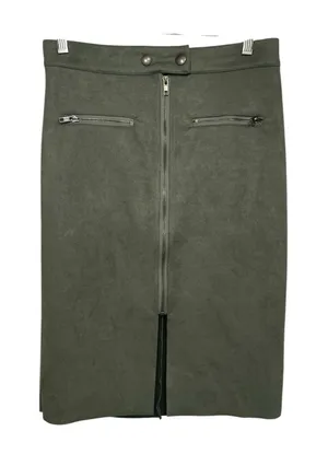 FATE Washed Green Suede Pencil Skirt Front Zip Pockets Midi‎ Length Size M thumbnail 1