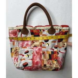 Patchwork Quilted Tote Bag Floral Sushi Patterns Handmade Boho Cottagecore Red thumbnail 5
