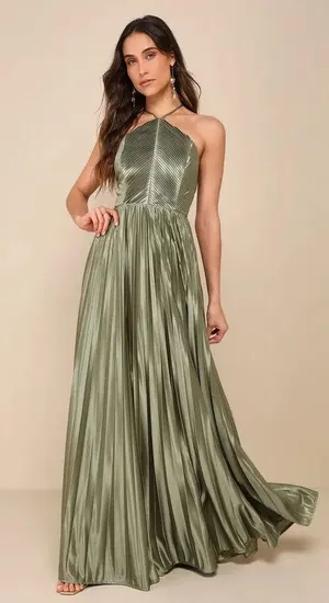 Lulus Elaborate Charm Olive Green Satin Pleated Backless Maxi Dress thumbnail 1