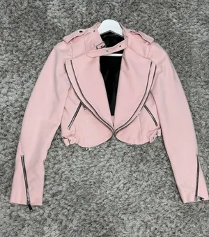 Zara Women’s Pink Cropped Moto Jacket Asymmetric Zip Biker Jacket Size XS thumbnail 1