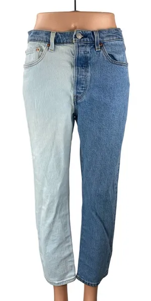 Levi's 501 Women's Blue Coloblock Patchwork Straight High Rise Denim Jeans Sz 28 thumbnail 1