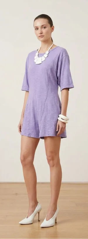 NeWViV Lavender Mineral Wash Knit Romper S 100% Cotton Raw Seam Keyhole Pocket thumbnail 1