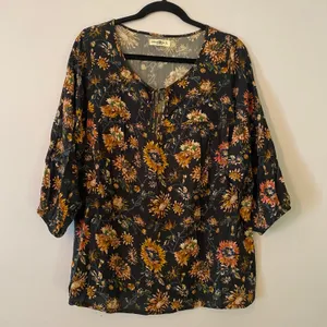 Natural Life Navy Orange Floral Peasant Blouse 3/4 Sleeve Boho Women size Large thumbnail 1