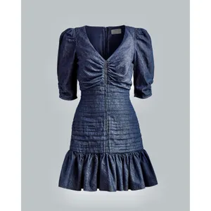 TANYA TAYLOR Pansy Dress Blue‎ Denim Pleated Mini Puffed Sleeves Flirty Size 6 thumbnail 10