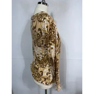 New York & Company Large Brown Floral Top Women's Long Sleeve Ruched‎ V-Neck thumbnail 2