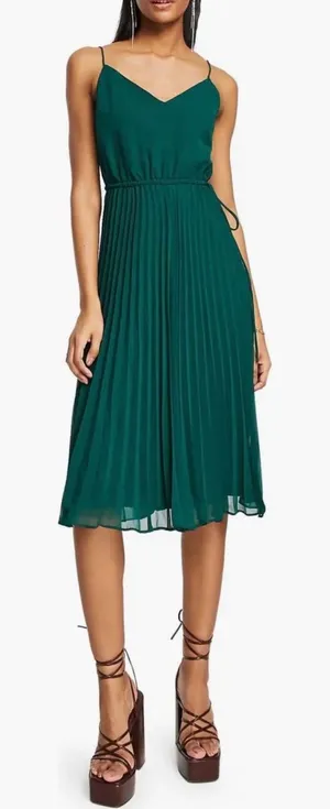 ASOS Forest Green Pleated Midi Dress V-Neck Spaghetti Strap Elastic Waist Size 4 thumbnail 1