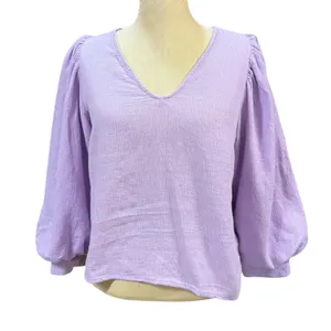 A New Day S V-Neck Puff Sleeve Gauze Blouse Lavender Pastel Boho Spring Feminine thumbnail 2