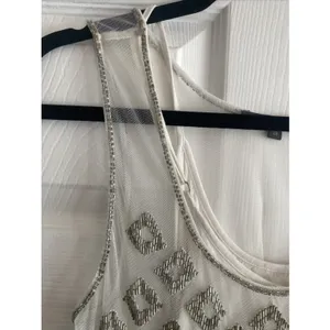 Teen Angel Bugle Beaded Tank Womens Size XS White Silver Mesh‎ Y2K Glam Sparkle thumbnail 2