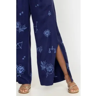 NWOT Johnny Was Wide Leg Embroidered Floral Pants Size L Blue Elastic waist thumbnail 4