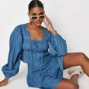 Missguided Tie Front Square Neck Volume Sleeve Denim Crop Top‎ Deep Blue Size 6 thumbnail 1
