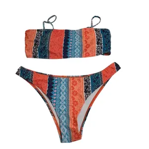 Boho Patchwork Bandeau Bikini Set High Cut Cheeky 2 Piece Swimsuit thumbnail 2