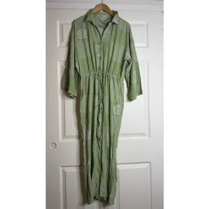 Native Youth Green Jumpsuit Hippie Distressed Patchwork Artsy Floral Celestial thumbnail 2
