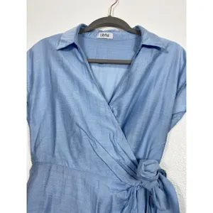 Lilyful Blue Solid Wrap V-Neck Tie Waist Lined Cap Sleeve Romper S Rayon thumbnail 5