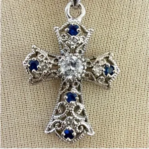 Sterling silver 925 Cross Pendant Frosted Glass Bead Necklace thumbnail 2