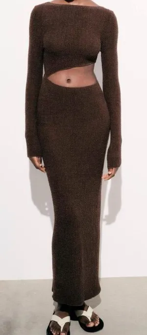 Zara Brown Cutout Knit Maxi Dress NWT thumbnail 1