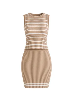 Boutique Ribbed Knit Two Piece Skirt Set Neutral Beige White Medium thumbnail 2
