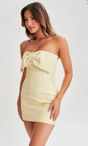 Meshki Yellow Bow Tweed Strapless Dress thumbnail 6
