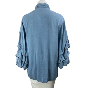 Zara Women's Blue Long Sleeve Ruched Denim Jean Button Down Shirt Top Size M thumbnail 3