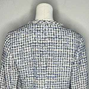 NEW Ann Taylor Blue Tweed Glitter Open Front Fringe Blazer Jacket Preppy Office thumbnail 7