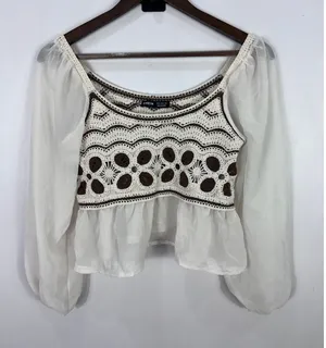 SHEIN Crochet Peasant Top Womens S Cream Brown Puff Sleeve Boho Cottagecore‎ thumbnail 1