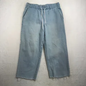 Forever 21 Large Denim Wide Leg Cropped Pants Light Wash Raw Hem Casual Boho thumbnail 2