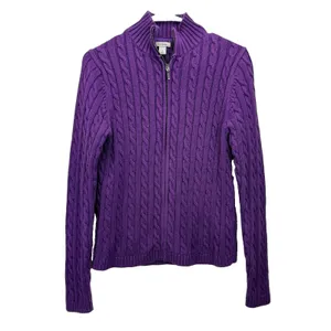 LL Bean Purple Mock Neck Full Zip Cable Cotton Cardigan Sweater Size SMALL thumbnail 2