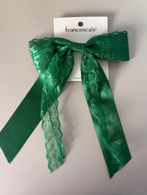 Francescas Forest Green Satin and Lace Oversized Hair Bow Clip Accessory thumbnail 1
