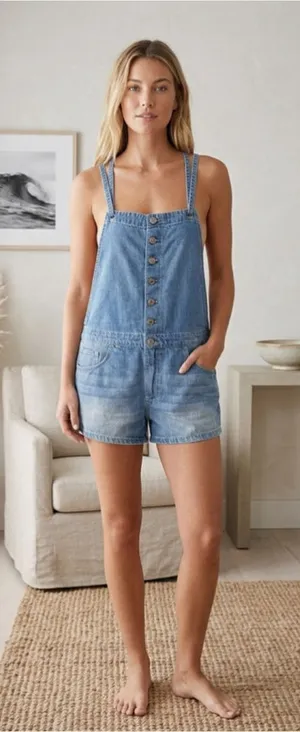 American Eagle Denim Romper Shortalls Halter Neck Button Front Blue Medium thumbnail 1
