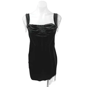 NEW JJ's House Black Velour Velvet Jeweled Fringe Holiday Mini Bodycon Dress L thumbnail 5