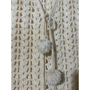 Crochet Sweater Vest Women's Large Ivory Open Knit Pom Pom Tie Sleeveless thumbnail 4