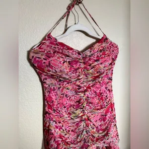 American Vintage Vintage Y2K‎ Muse Asymmetrical Draped Floral Silk Halter Midi Dress Sz 6 Pink thumbnail 2