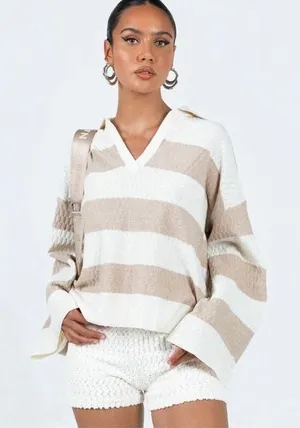 Princess Polly Rick Oversized Stripe Collar Sweater Beige, White 10 thumbnail 1