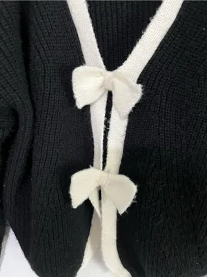 SHEIN Black & Cream Bow-Trim Cardigan Sweater - Women's size M thumbnail 5
