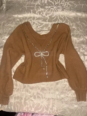 Beautiful soft Express rhinestone light sweater color tan  thumbnail 2