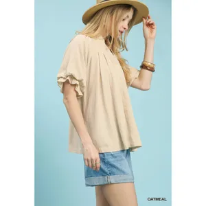 Umgee Linen V-Neck Flutter Sleeve Top - Medium thumbnail 2