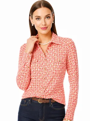 Tory Burch Silk Chain Link Geometric Button Down Blouse Coral Small Pink Career thumbnail 3