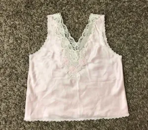 Vintage light pink sleep top with adorable dainty lace, bead, and flower details thumbnail 2