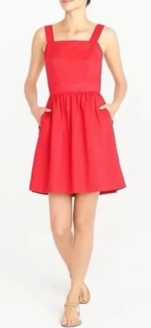 J.Crew Red Linen Cotton Apron Dress M Pockets Tie Open back J0982 Picnic Preppy thumbnail 1