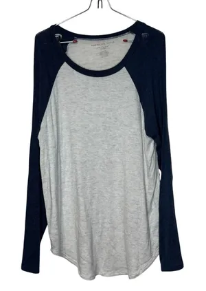 American Eagle Womens Top Soft & Sexy Plush Raglan Sleeve White Blue Medium thumbnail 1