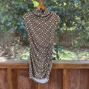 Anthropologie Maya Ruched Cowl Neck Dress Yellow Geometric Print Size MP. NEW! thumbnail 3