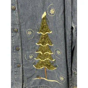 Snowman Jean Shirt Endless Design Women’s Medium Winter Tree Blue Button Down thumbnail 3