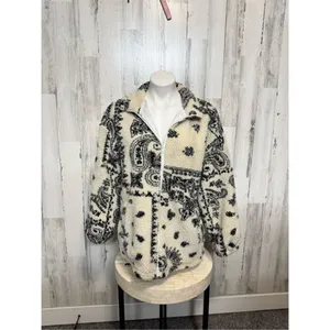 Supeon Sherpa Fleece Jacket Paisley Print Cream Black Zip Up Cozy Size M thumbnail 2