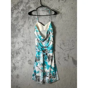 Tropical Resort Halter Dress Ruched A-Line Island Vacation Beach Coastal Chic S thumbnail 3
