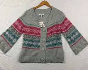 Dressbarn Grey Pink Fair Isle Cardigan Sweater Metallic Accents Size L NEW thumbnail 1