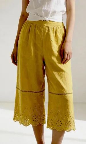 Calligraphie Women’s Eyelet Chartreuse Linen Wide-Leg Scallop Cropped Pants S thumbnail 1