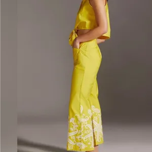 Anthropologie Yellow Wide Leg Pants with White Paisley thumbnail 2