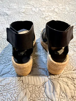 ☀️Eileen Fisher Willow Black Leather Espadrille Wedge Sandals Sz 7.5🧡 thumbnail 3