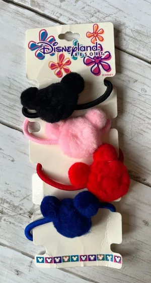 Vintage Disneyland Resort Mickey Ears Pom Hair Ties - Black, Pink, Red, Blue thumbnail 1